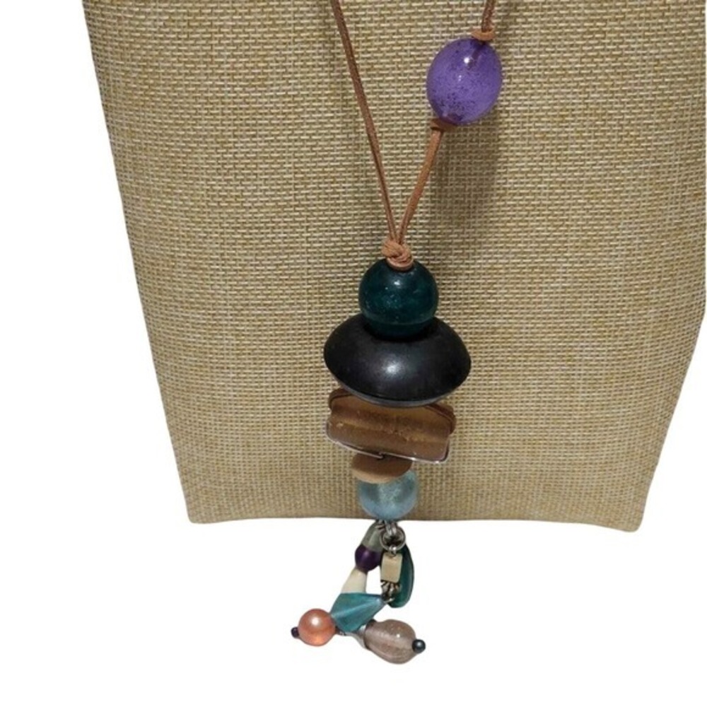Treska Boho Beaded Necklace Leather Cord Multi Color Gemstone Pendant Statement